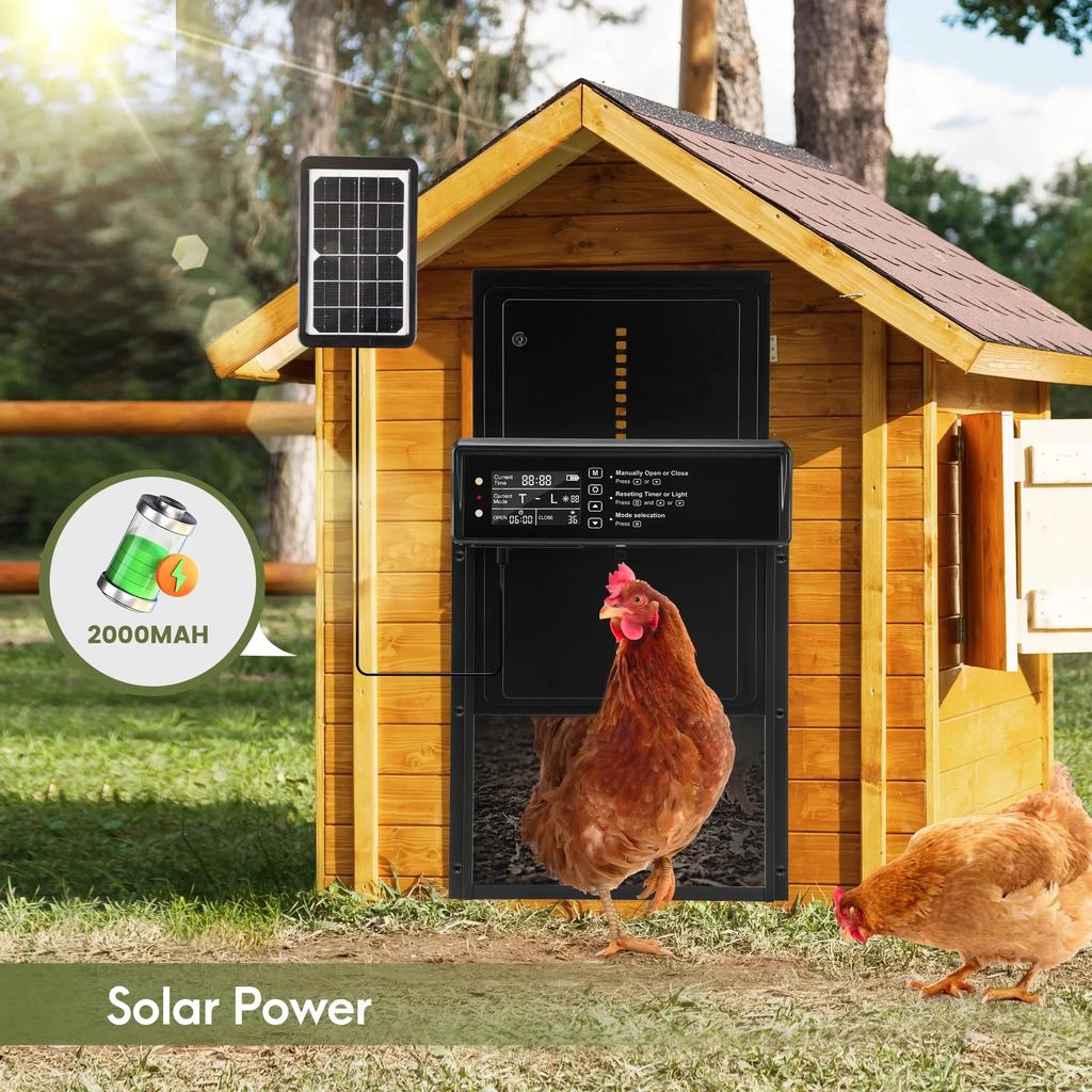 Solar Automatic Chicken Coop Door with LCD Screen, Light Sensor/ Timer/ Remote Control Auto Chicken Doors Anti Pinch Waterproof