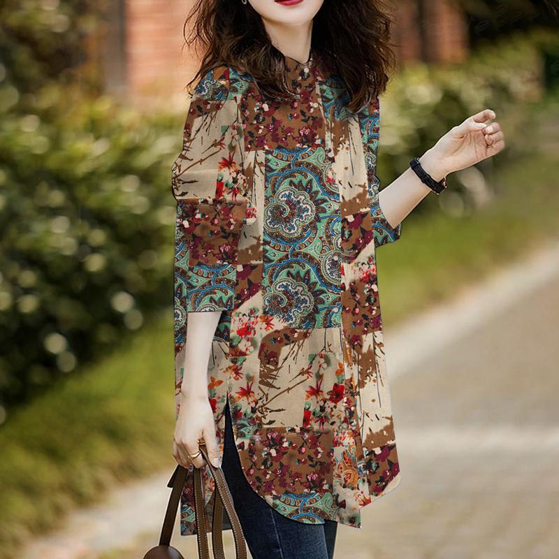 ZANZEA Женская повседневная хлопковая блузка с круглым вырезом и длинным рукавом с цветочным принтом