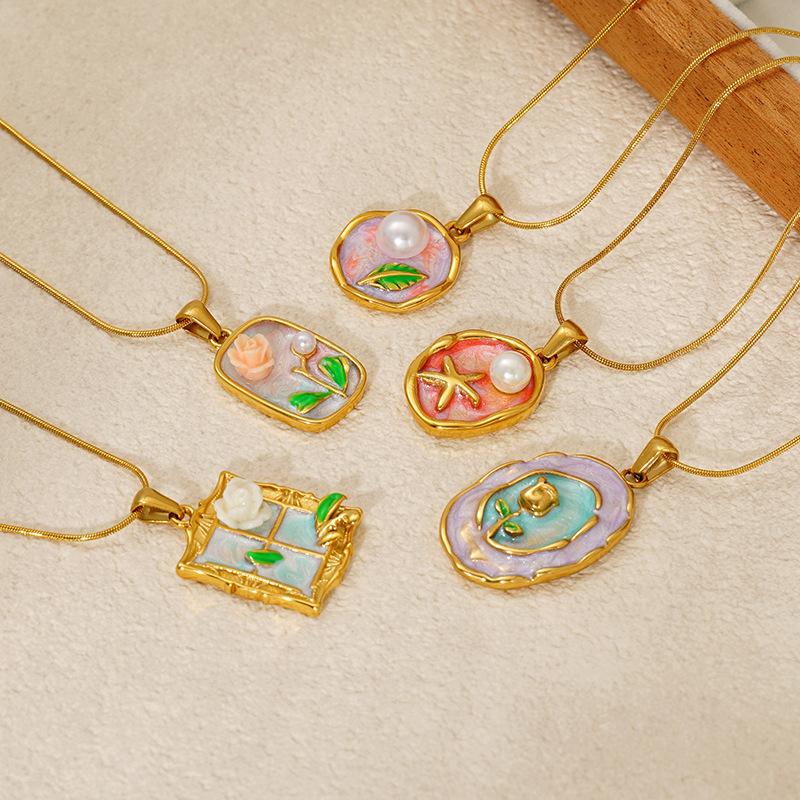 New titanium steel necklace with a Monet garden oil painting design, featuring floral and pearl accents18k Gold stainless steel jewelry