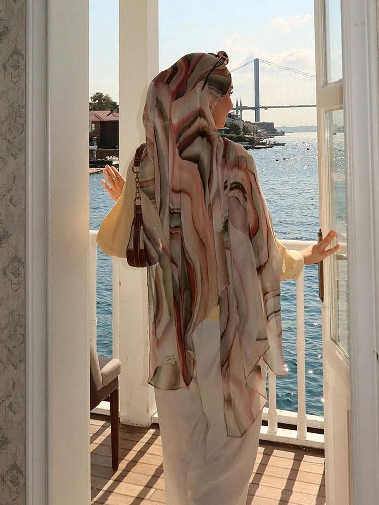 Рамадан Мусульманские Хиджабы Женские Акварель 2-сторонний Принт Платки Foulard Femme Шаль Роскошный Хиджаб на Ид Исламский Платок на Голову Весна 2026