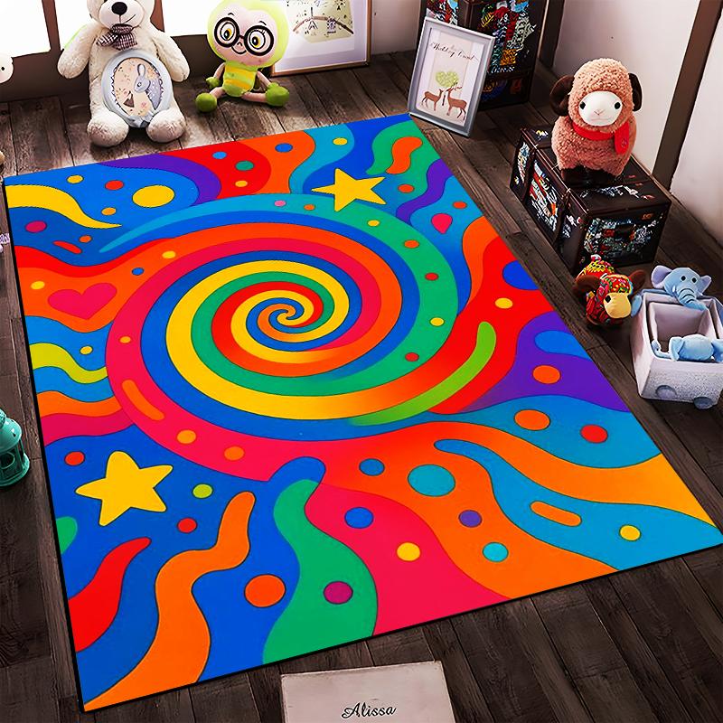 Colorful Spiral Pattern Carpet with Stars, Hearts, and Vibrant Design Suitable for use as an anti-slip for living room bedroom sofas