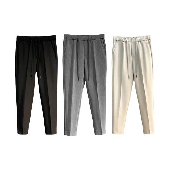 Men Suit Pants Drawstring Elastic Waist Straight Leg Solid Color Loose Formal Business Style Office Wear