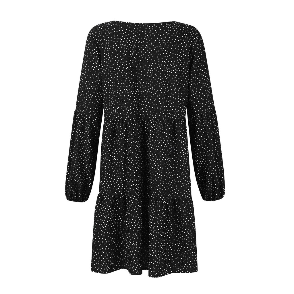 Women's Fashion V-Neck Loose Ruffle Pleated Swing Polka Dot Printed Chiffon Dresses