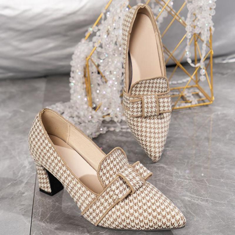 Fashion Spring Autumn Vintage Plaid Pumps Women Plus Size 36-43 Pointed Toe High Heel Shoes Woman Shallow Slip On Pumps with Heels Lady