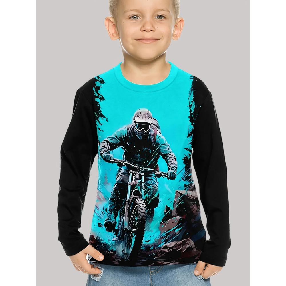 Spring and Autumn Round Neck Motorcycle Pattern 3D Printed Top Fashionable Casual Long Sleeved Children's Boy T-shirts