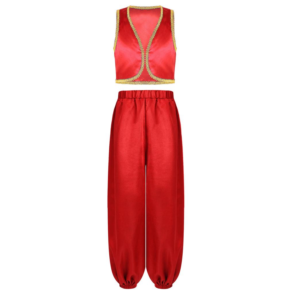 Boys Arabian Prince Costume Open Front Vest and Satin Bloomers Pants Set Halloween Theme Party Outfit