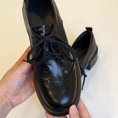 Версия из вымытой двухслойной коровьей кожи, британские ретро лоферы на шнуровке с круглым носком, универсальные для работы, на толстом каблуке, маленькие кожаные туфли, женские туфли