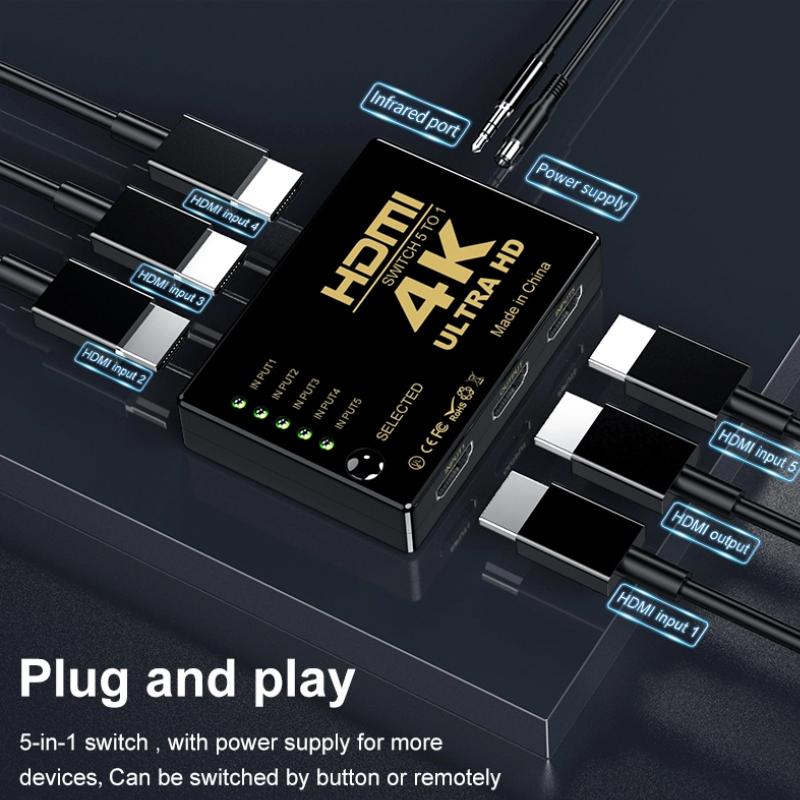 4K HDMI-сплиттер 5 входов 1 выход 5 портов 1x5 HDMI-переключатель видеораспределитель сплиттер для PS3/4/5 Xbox TV PC Laptop Monitor Projector