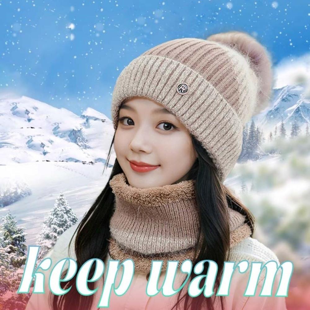 Contrast Color Winter Pullover Cap Plush Ball Beanie Hat Dome Hat Compact Scarf Gifts