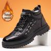 Men's High-Top Leather Boots: Warm, Trendy, Thick-Soled, Lace-Up, Velvet-Lined for Casual Autumn and Winter Wear.