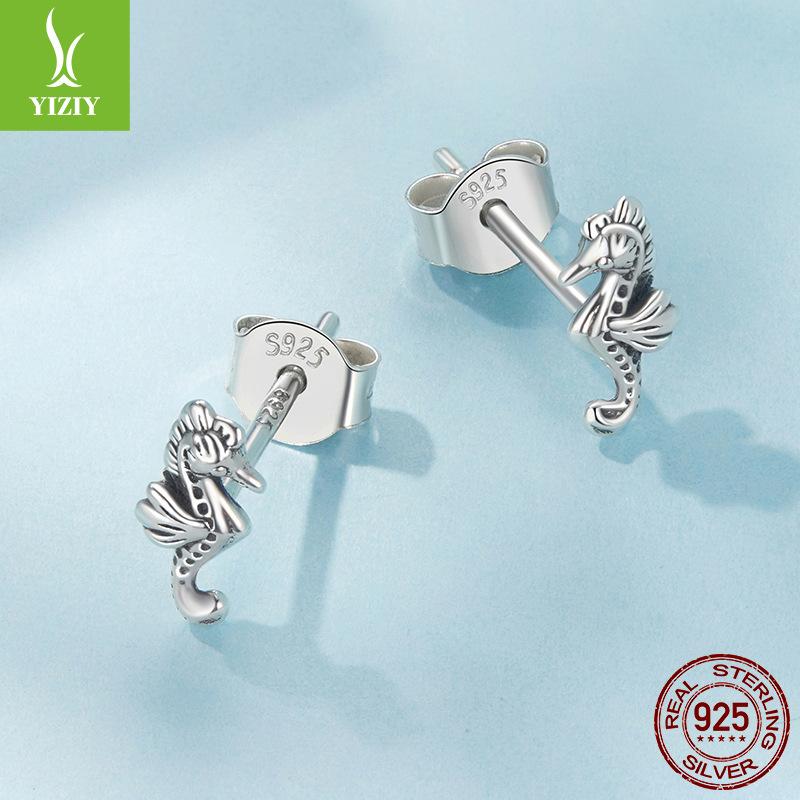 S925 Silver Seahorse Stud Earrings, Exquisite Fashion Plain Silver Ocean Series Small Earrings, Factory