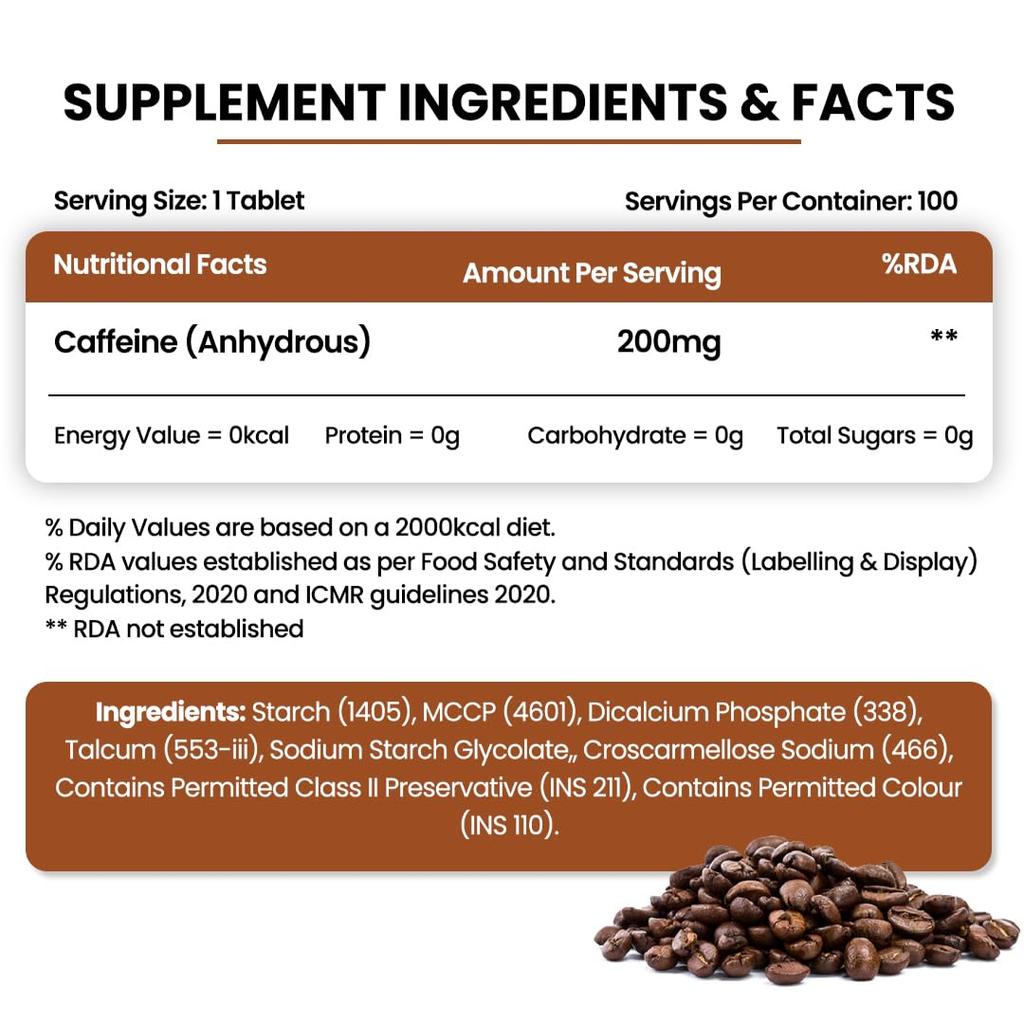 Vlado's Himalayan Organics Таблетки с кофеином 200 мг для энергии, концентрации и поддержки перед тренировкой - 100 веганских таблеток