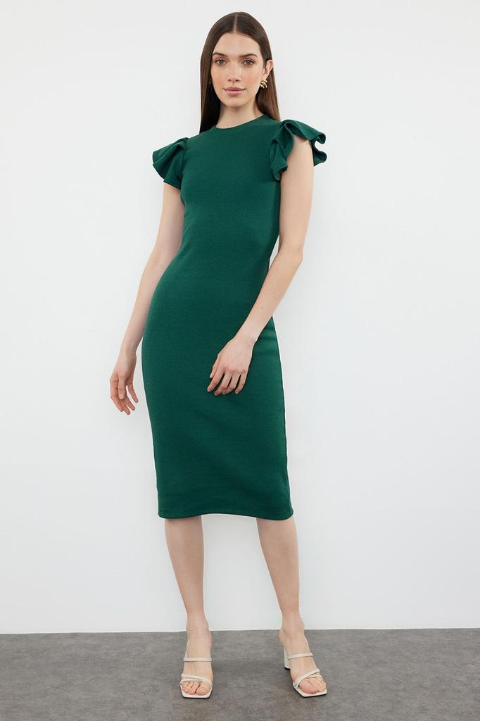 Women's Style Dress Green Ribbed Sleeves Flounce Midi Knitted Dress