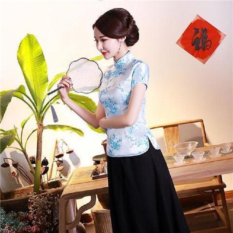 Винтажная женская китайская традиционная атласная блузка с цветочным принтом, летняя сексуальная рубашка, новинка, одежда с драконом, большие размеры