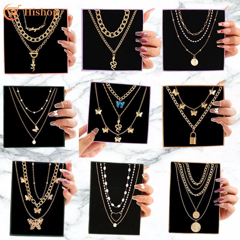 iF ME Vintage Pearl Multilayer Butterfly Necklace Gold Color Pendant Choker Chain Women Jewelry Accessories[No Box]