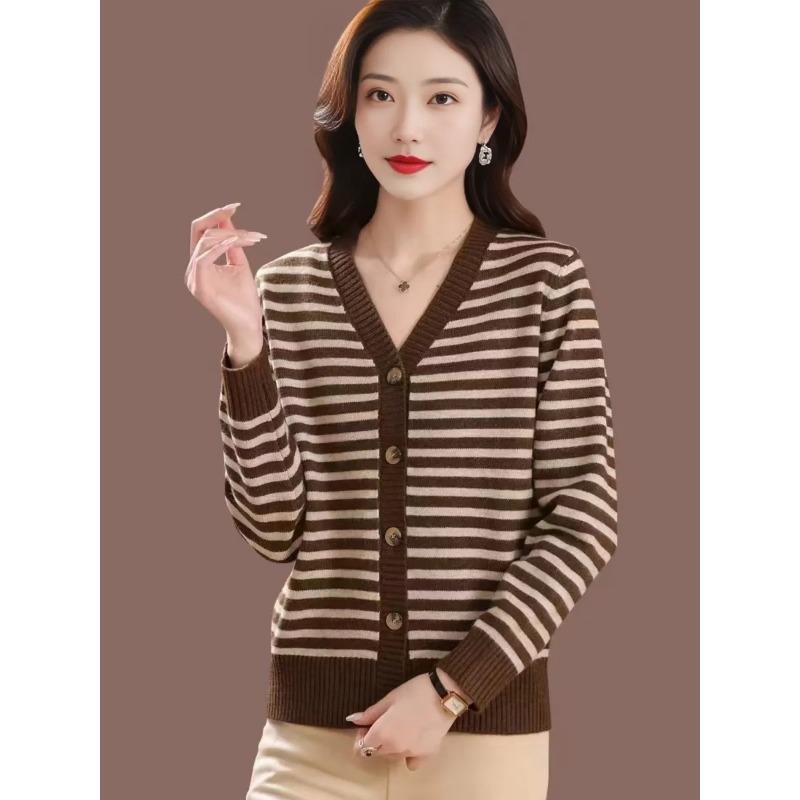 Мамин кардиган Весна Осень и Зима Полосатый воротник Куртка Новый женский вязаный топ