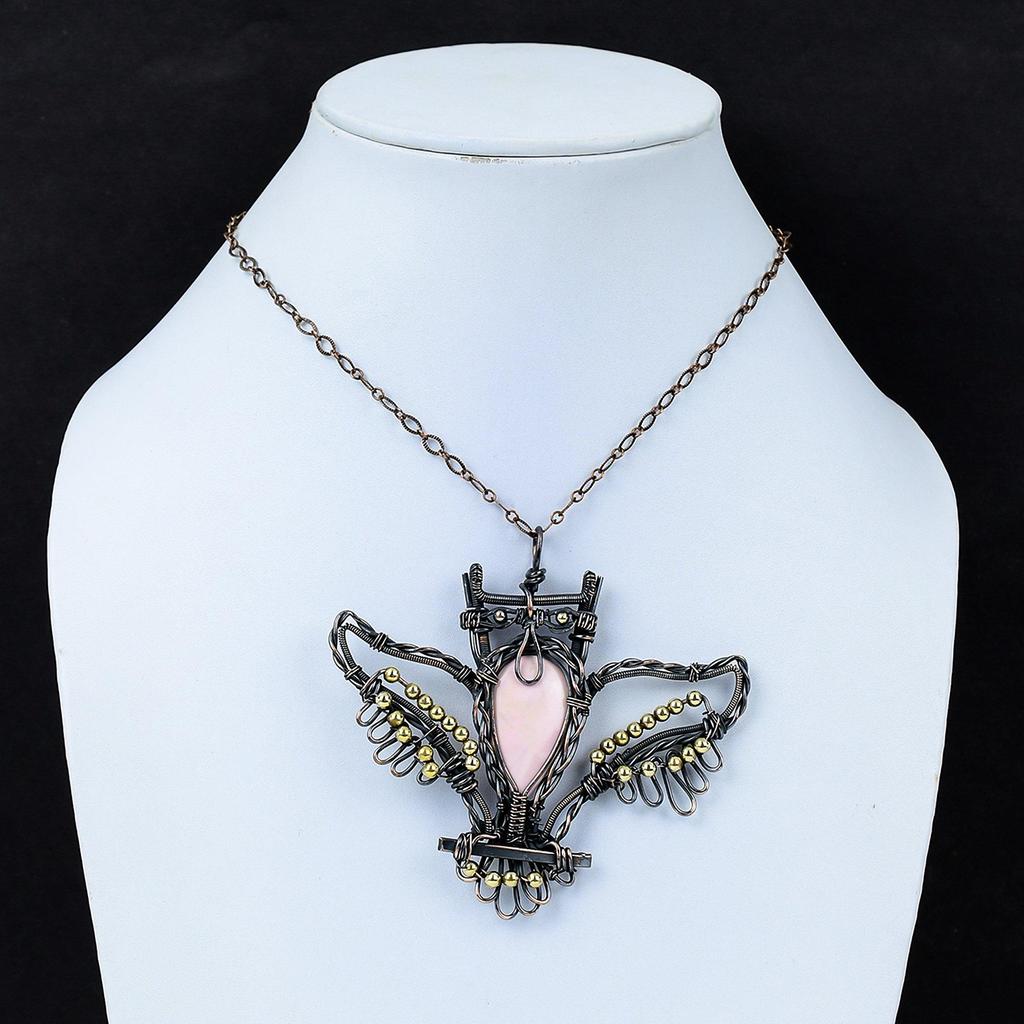 Pink Opal Pendant Copper Wire Wrapped Owl Pendant Handmade Pendant Pink Opal Jewelry Gemstone Pendant Wonderful Copper Jewelry Gift For Her