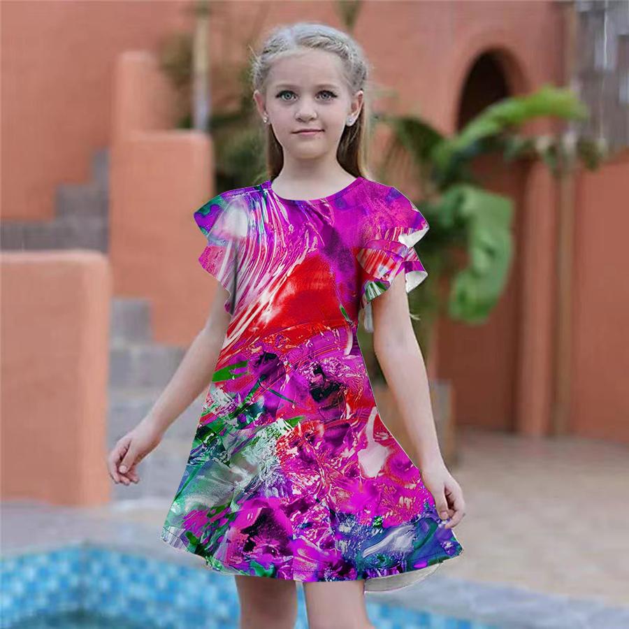 Girls Multi-colored Ice Cubes Print Dresses Kids Girl Party Dress Loose Fitting Loose Fitting Short Sleeved Skirt For Girls Over Four Years Old