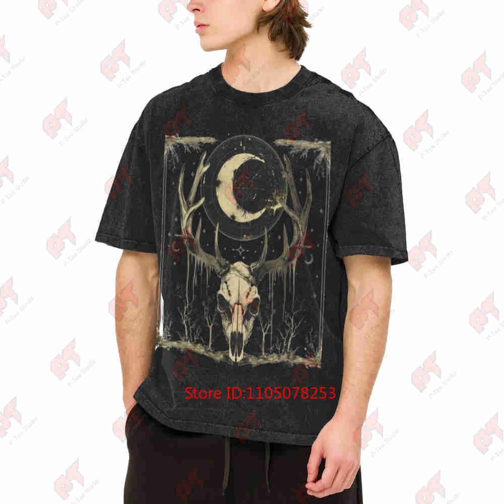 Gothic Deer Skull Occult Moon Phase Witchy Aesthetics Vintage Washed Tee Pure Cotton T-Shirt
