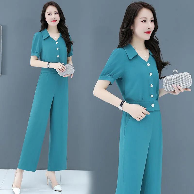 Модный женский летний шифоновый костюм-двойка 2025 - стильный омолаживающий комплект из рубашки и брюк для весны