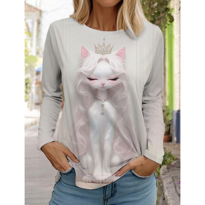 Autumn and Winter Women's Long Sleeve 3D Printed Kitten Cute Print T-Shirt Women's Streetwear Round Neck Long Sleeve