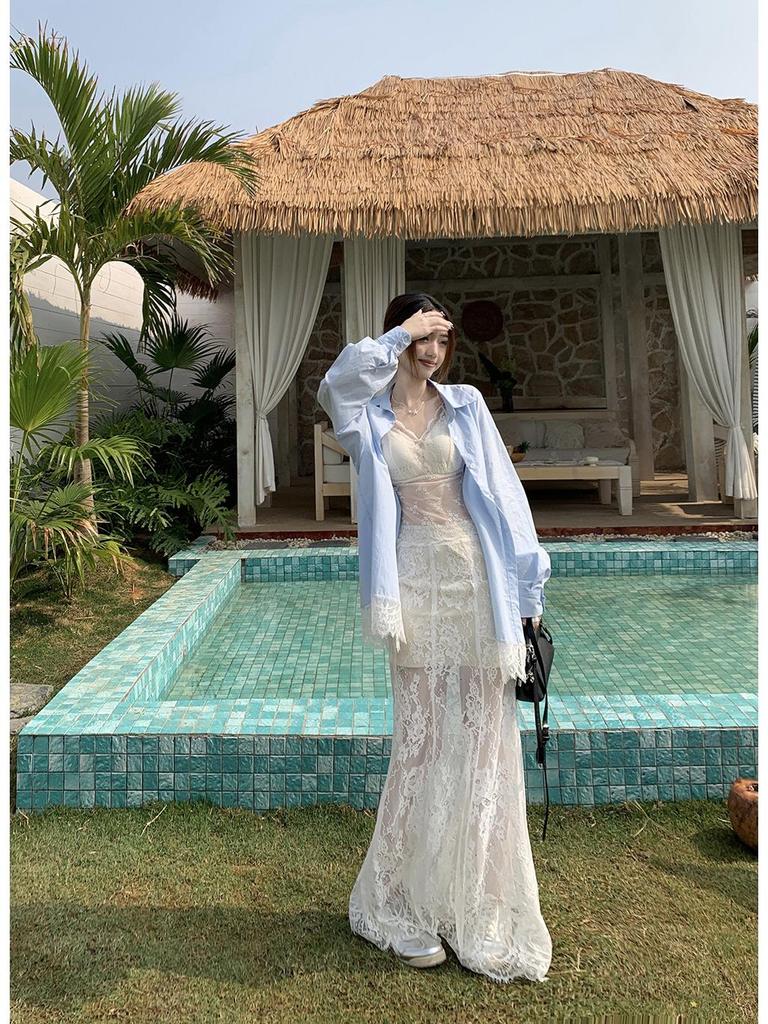 Женская синяя рубашка-жакет с кружевными вставками - корейский дизайн 2025 года, свободный крой, защита от солнца для лета