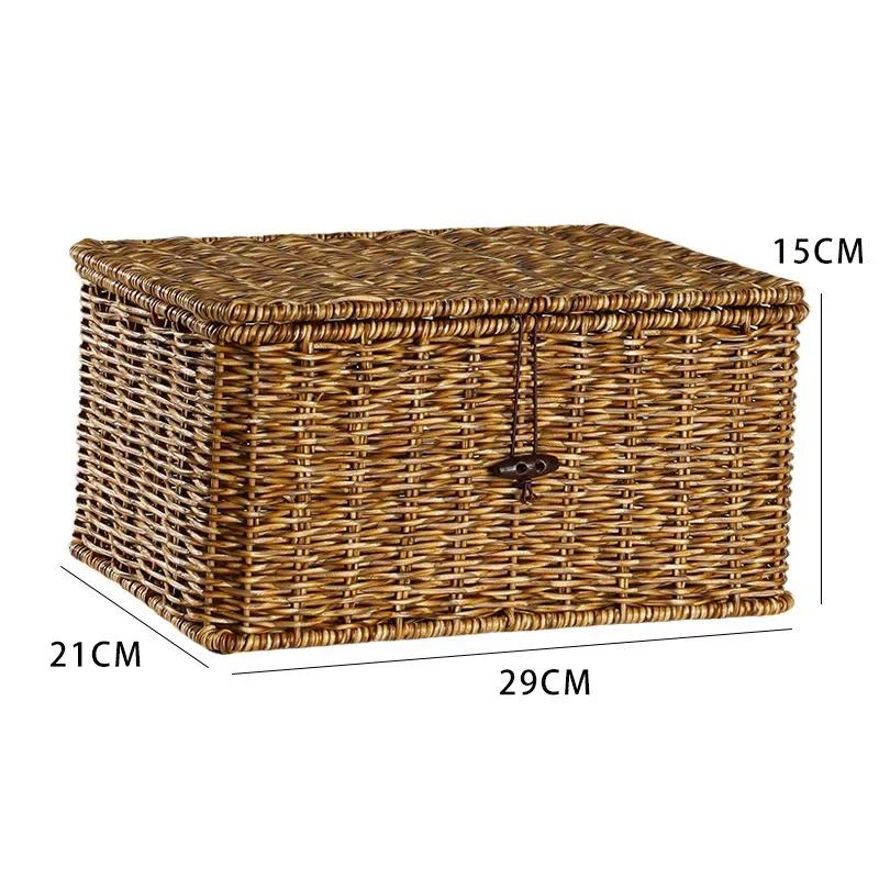 Household Storage Basket Imitation Rattan Woven Storage Box with Lid Clothes Sundries Rattan Basket Home Desktop Organizer Box