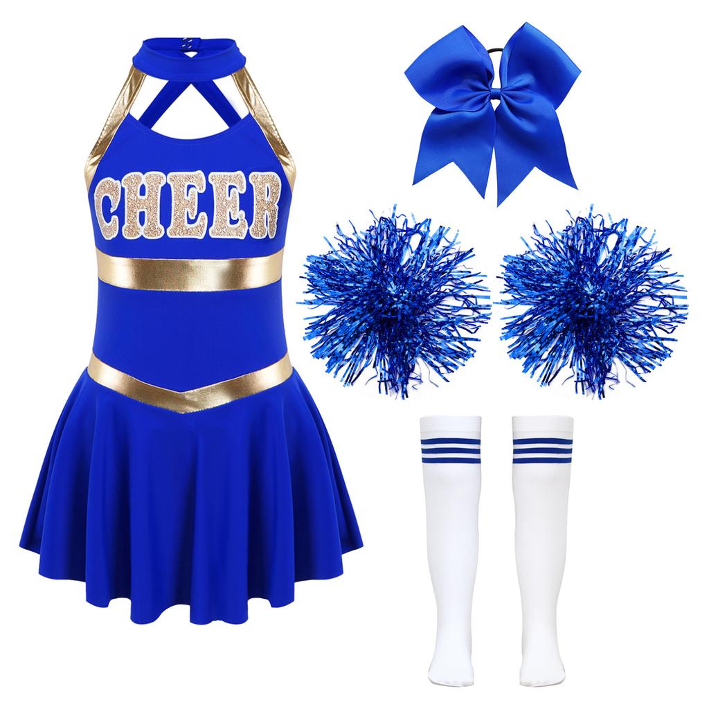 Kids Girls Shiny Cheerleading Costume Schoolgirls Dance Dress Uniform Complete Outfit with Pom Poms for Halloween Party