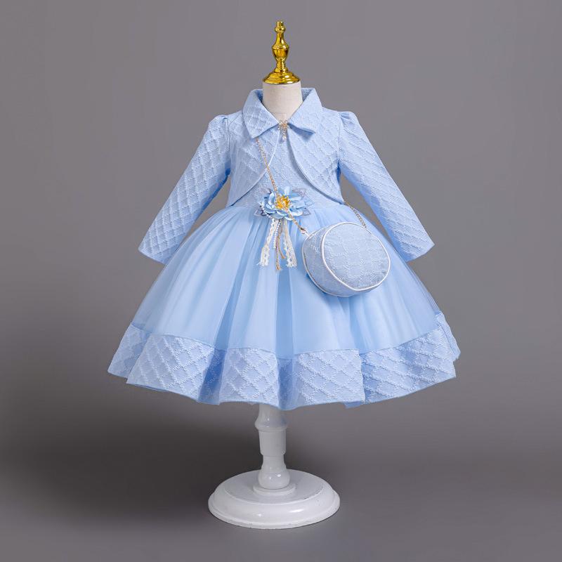 Новое платье принцессы из 3 предметов для девочек, элегантное платье с длинными рукавами и вышивкой для девочек, детское платье для дня рождения + комплект сумок