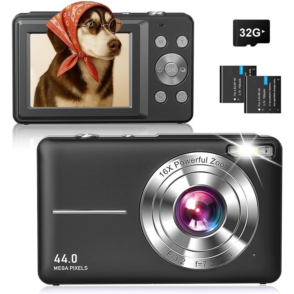 2026 Latest AF Digital Camera 44 Megapixels Type-C Charging Lightweight 115g 2.4-inch Large Screen Includes 2 Extra Batteries 16x Zoom Compact Manual