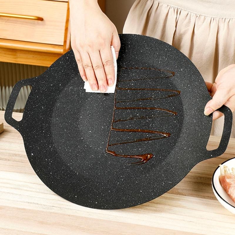 Korean Outdoor Frying Pan Non Stick BBQ Grill Roasting Pan with Removable Wooden Handle Travel Camping Barbecue Plate