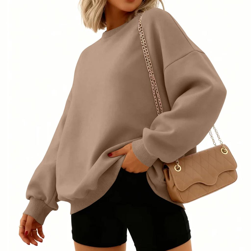 Women's Fashion Long Sleeve Solid Color Round Neck Loose Pullover Sweater Top