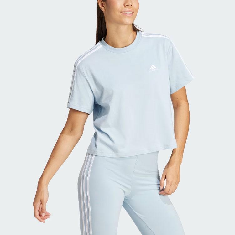 Adidas Женский укороченный топ из джерси Essentials с тремя полосками, светло-голубой IS1568