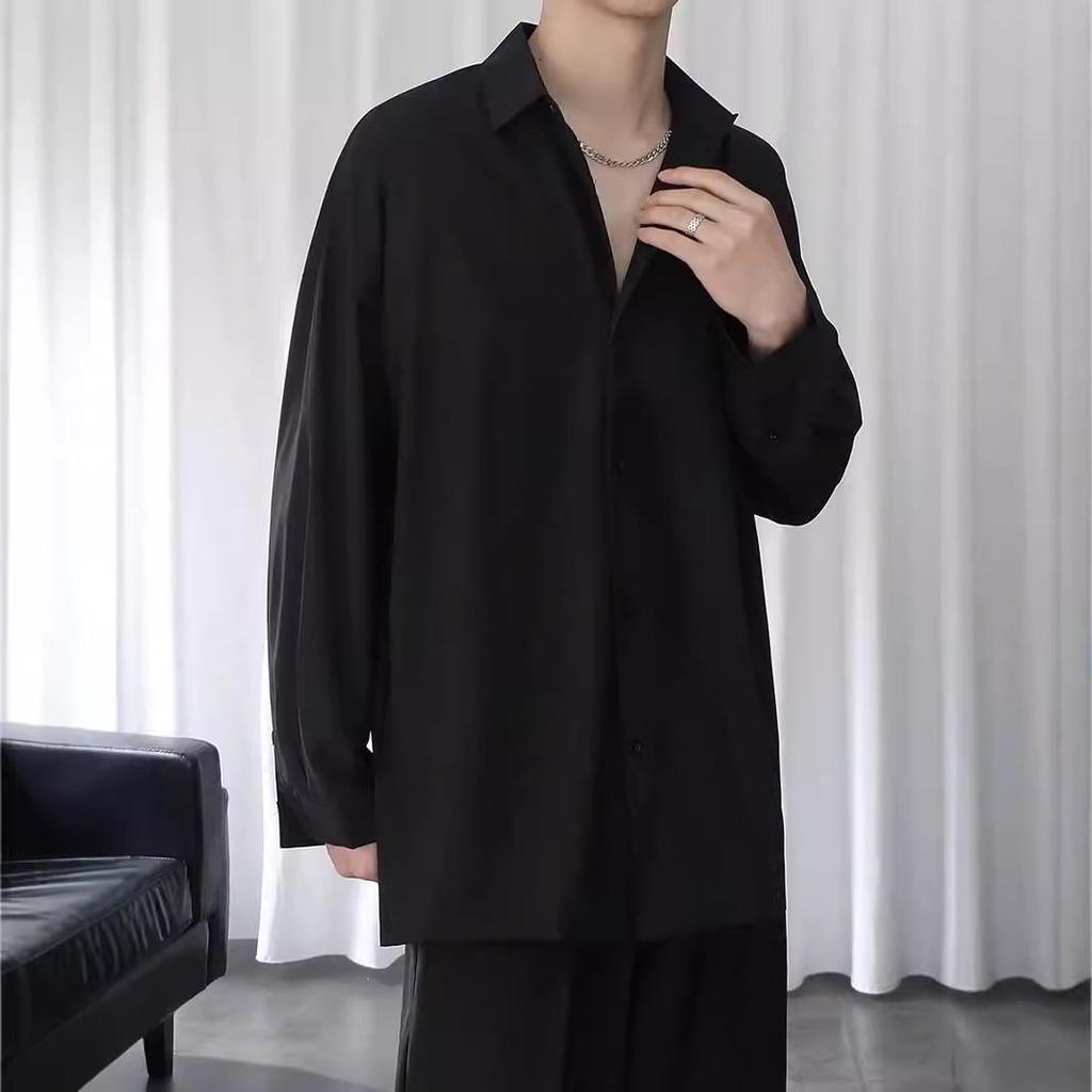 Men's Black Loose-Fit Long Sleeve Shirt - Trendy Spring/Summer/Autumn Casual Wear with Ice Silk Comfort