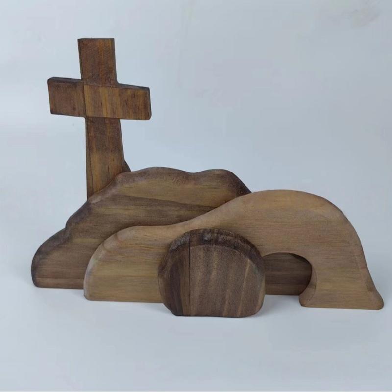 Empty Tomb Scene Spring Easter Decoration Jesus Christ Birth and Resurrection Statue Set with Wooden Cross