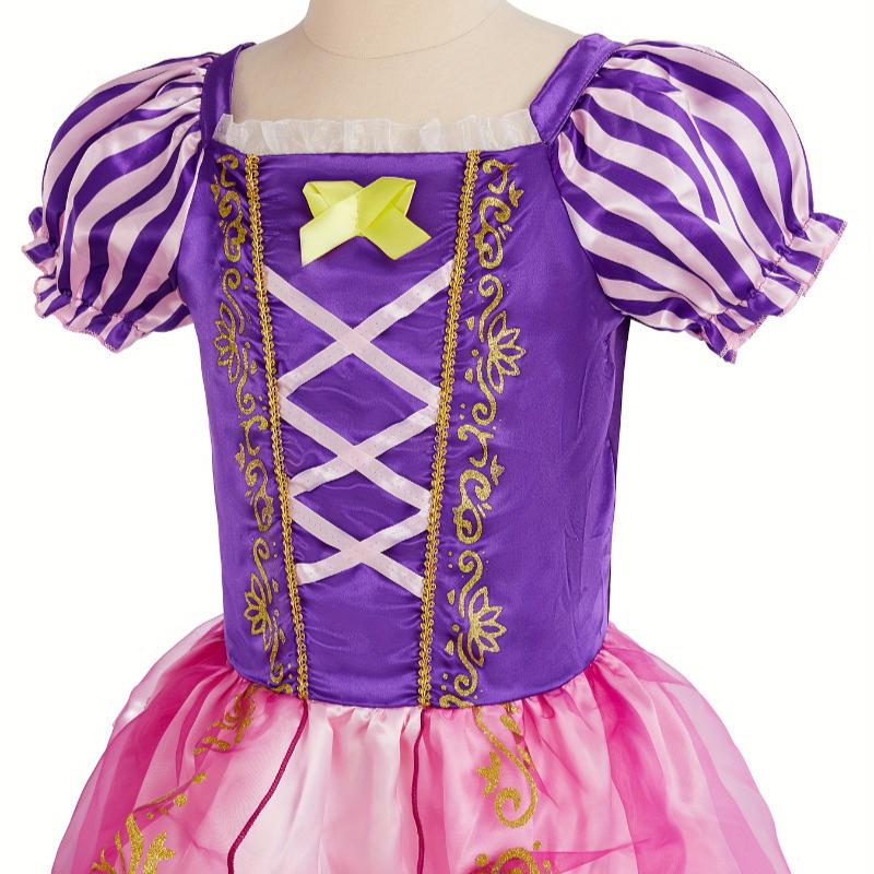 Girls Rapunzel Princess Dress Short Sleeve Lantern Skirt Costume Wig Necklace Crown Accessories Party Birthday Cosplay Halloween Performance Outfit