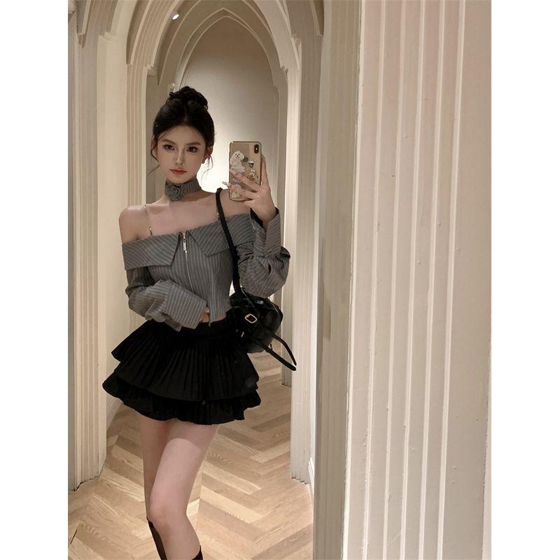 Kumikumi Design Sense off-Shoulder Flower Hanging Neck Stripe Shirts Women Clothes Autumn Slimming Skirt Two-piece Set