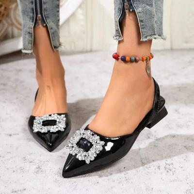 Элегантные женские туфли 2025 Лето Закрытый носок Женские сандалии Платье Остроносые сандалии Женские Кристалл Слипоны Туфли-лодочки на низком каблуке Женские