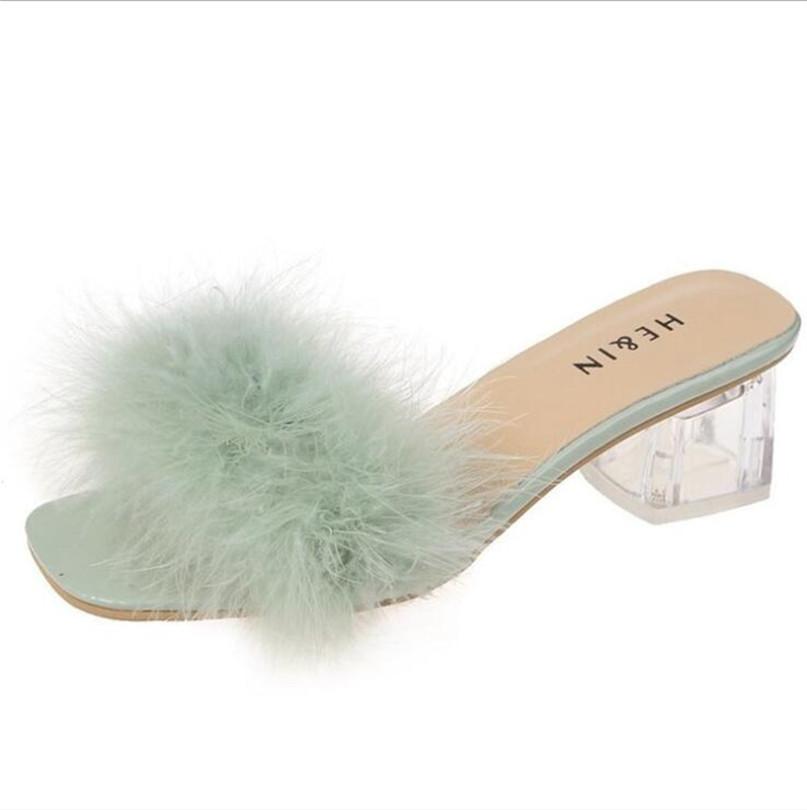Женские туфли на высоком каблуке с прозрачными кристаллами, женские тапочки с перьями и мехом, туфли-лодочки, женские милые плюшевые тапочки, размер 35-43