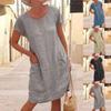 Women's Casual Solid Color Stitching Short Sleeve Round Neck Large Swing Loose Pocket Cotton And Linen Dress