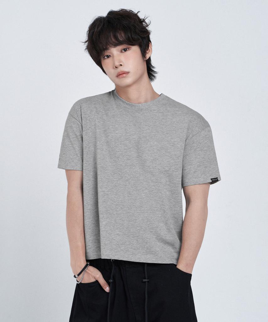 LEMAIN SECOND Crop Plain Oversized Short Sleeve T-Shirt [Melange Gray]
