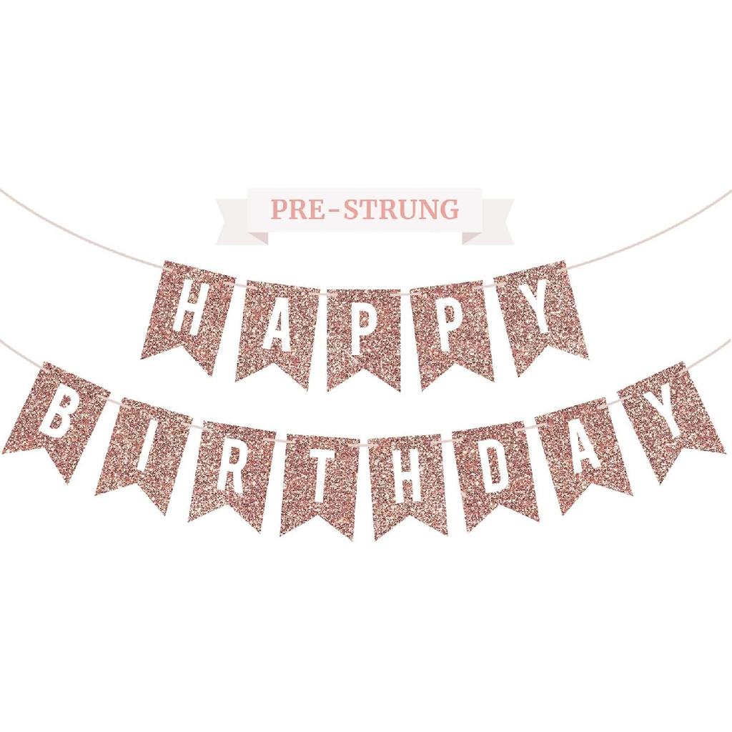 Pre-strung Happy Birthday Banner - No DIY - Gold Glitter Birthday Party Banner - Pre-strung Garland on 6 ft Strands - Gold Bday Party Decorations &