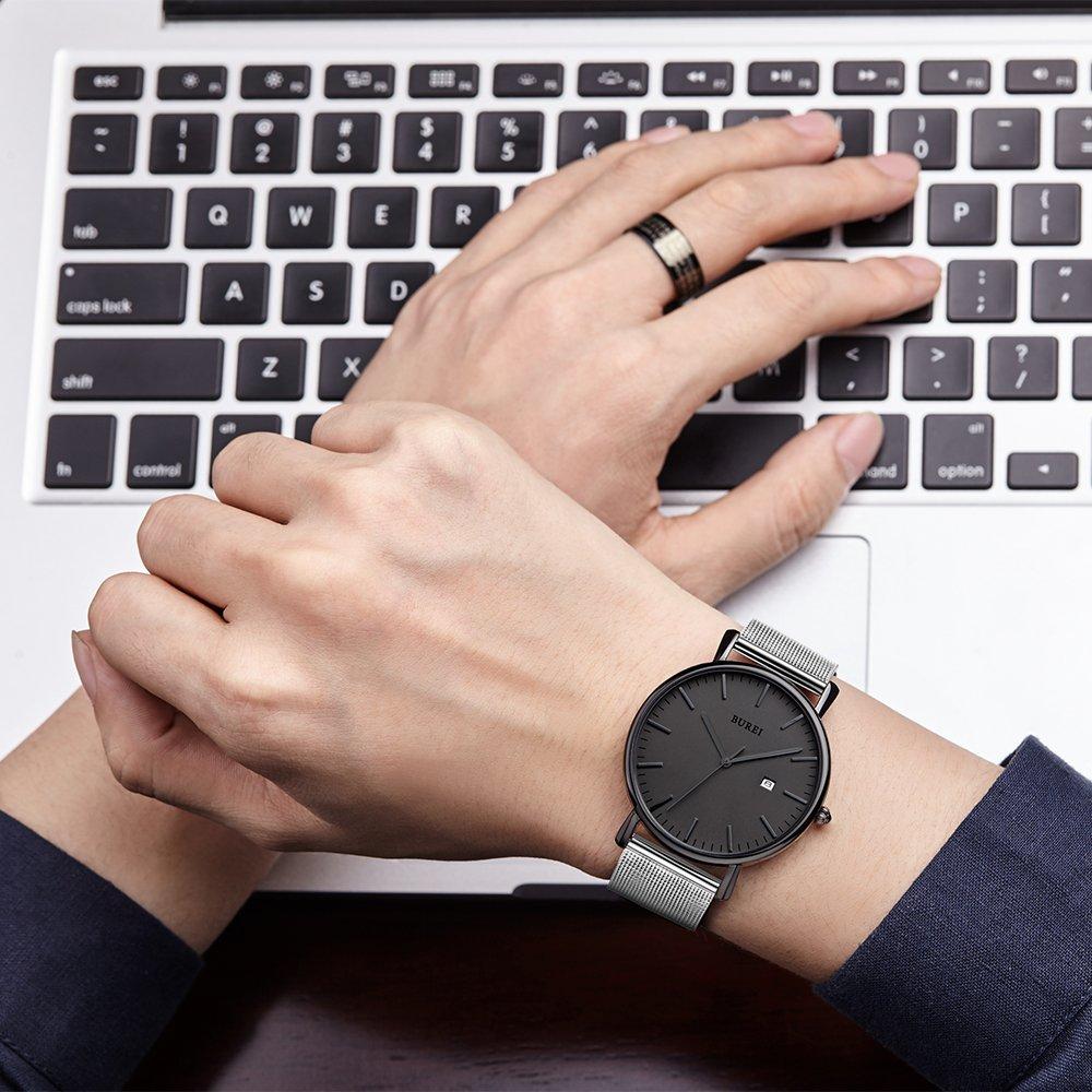 Watch Simple Waterproof Analog Popular Watch Brand Stylish Milanese Mesh Belt Gray Black Watch [BUREI] Men's Men's