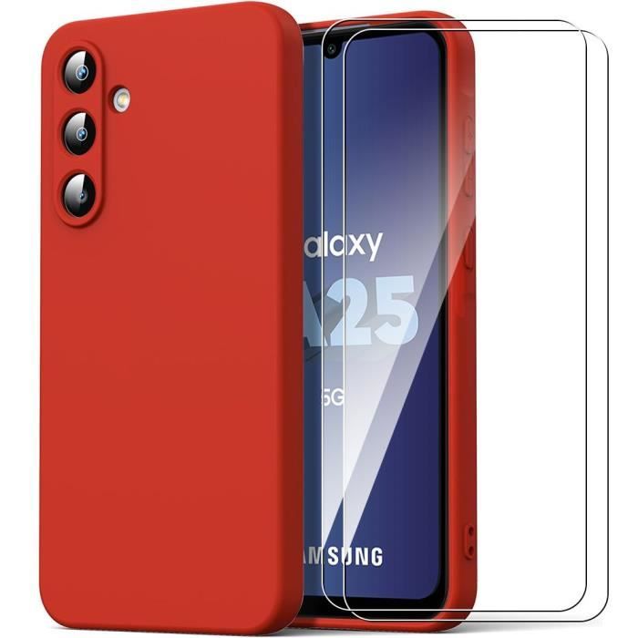 Coque - BOOLING - pour Samsung Galaxy A25 5G - Silicone TPU - Antichoc - Ultra fine - Rouge- avec 2 Verres Trempés