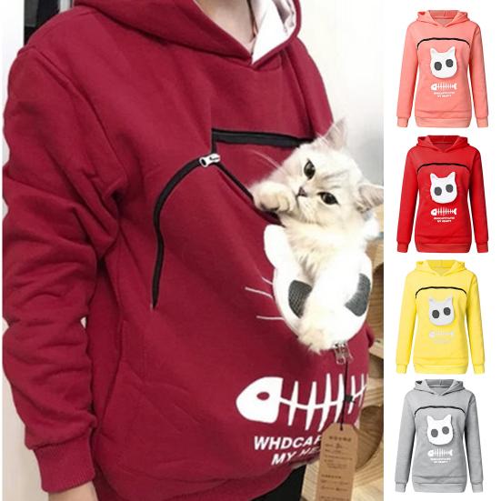 Women Spring Hoodie with Cat Nest Cartoon Print Big Zipper Pocket Hooded Long Sleeves Keep Warm Pullover Elastic Cuff Lady Hoodie Women Garment