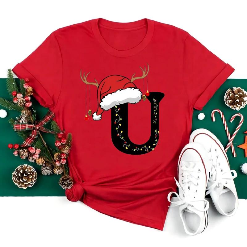 Новая футболка с рождественским алфавитом 26 A~Z, женская повседневная модная футболка с коротким рукавом, эстетика рождественской вечеринки, красные футболки, топы