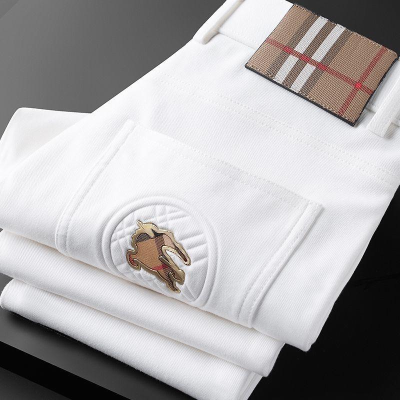 Белые мужские джинсы слим-фит, устойчивые к складкам - Стирка, прямой крой, Business Casual, легкая роскошь, модный бренд для осени и зимы.