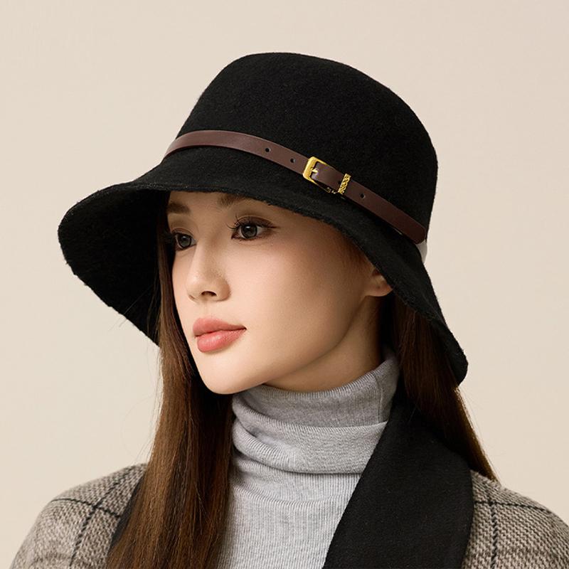 Осенне-зимняя шерстяная шляпа-рыбак с поясом, женская шерстяная шляпа-тазик