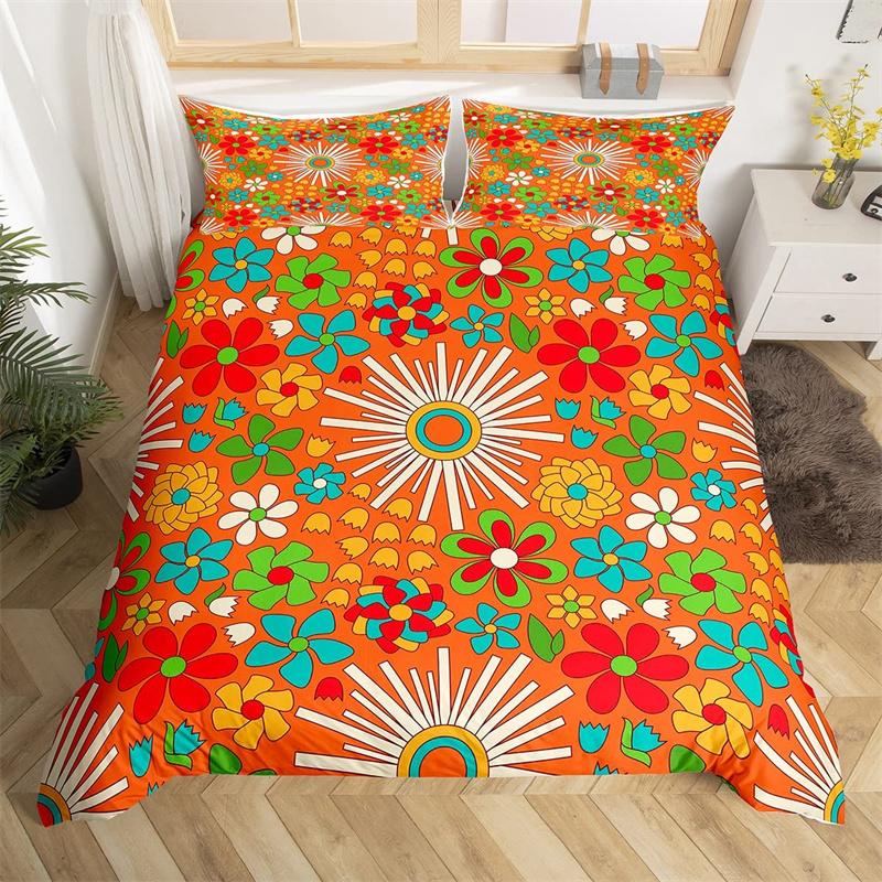 Retro 70s Hippie Style Duvet Cover Queen Microfiber Psychedelic Mushroom Bedding Set Room Decor Gifts Rainbow Floral Quilt Cover