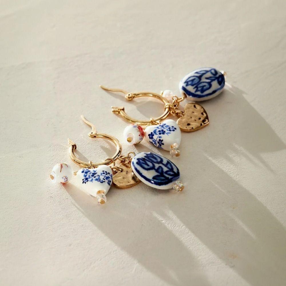 Ювелирные аксессуары Серьги из сине-белого фарфора Серьги-кольца в новом китайском стиле Девушки